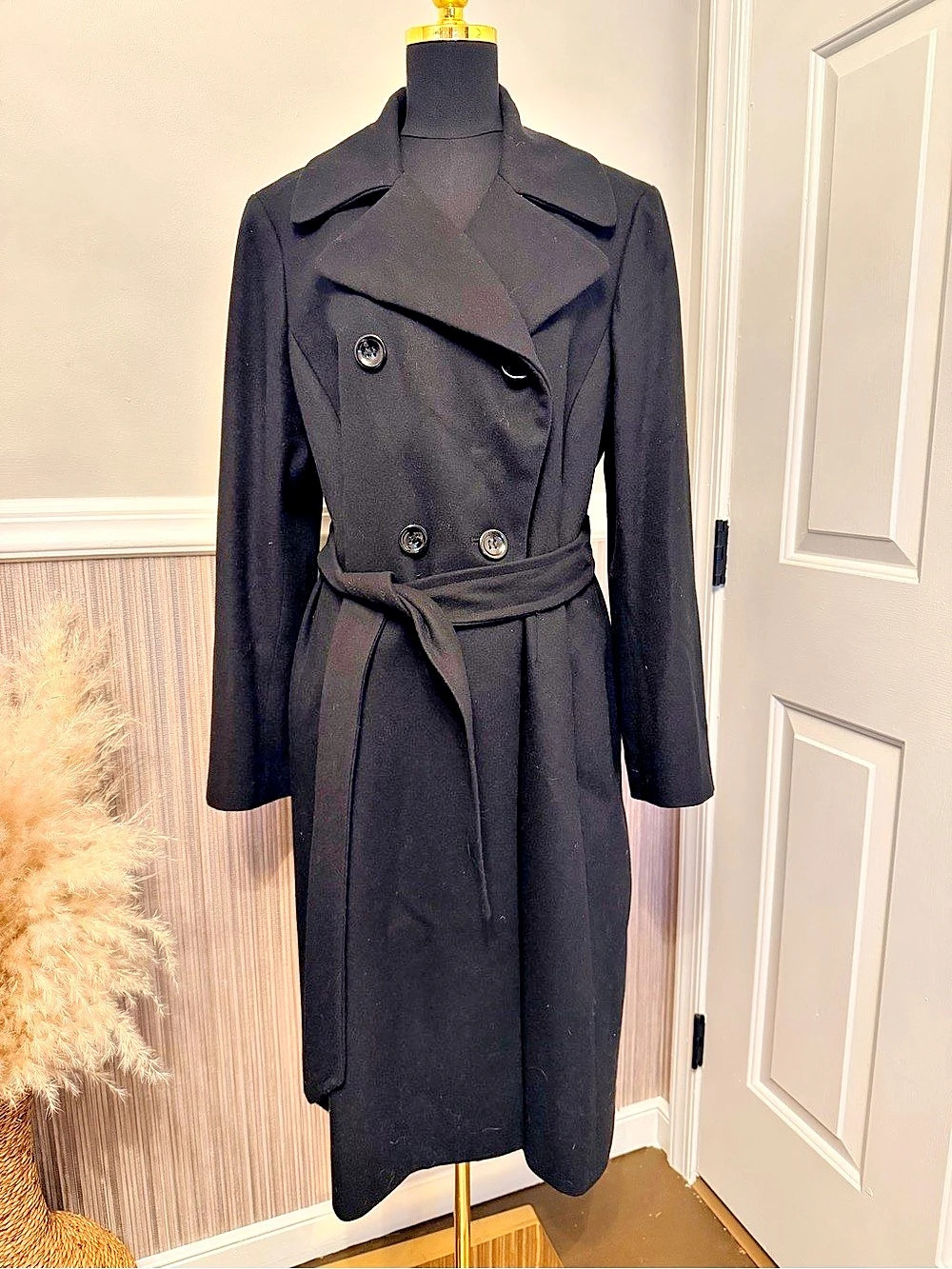 Ann Taylor Black Wool Blend Belted Double Breasted Coat Size 16